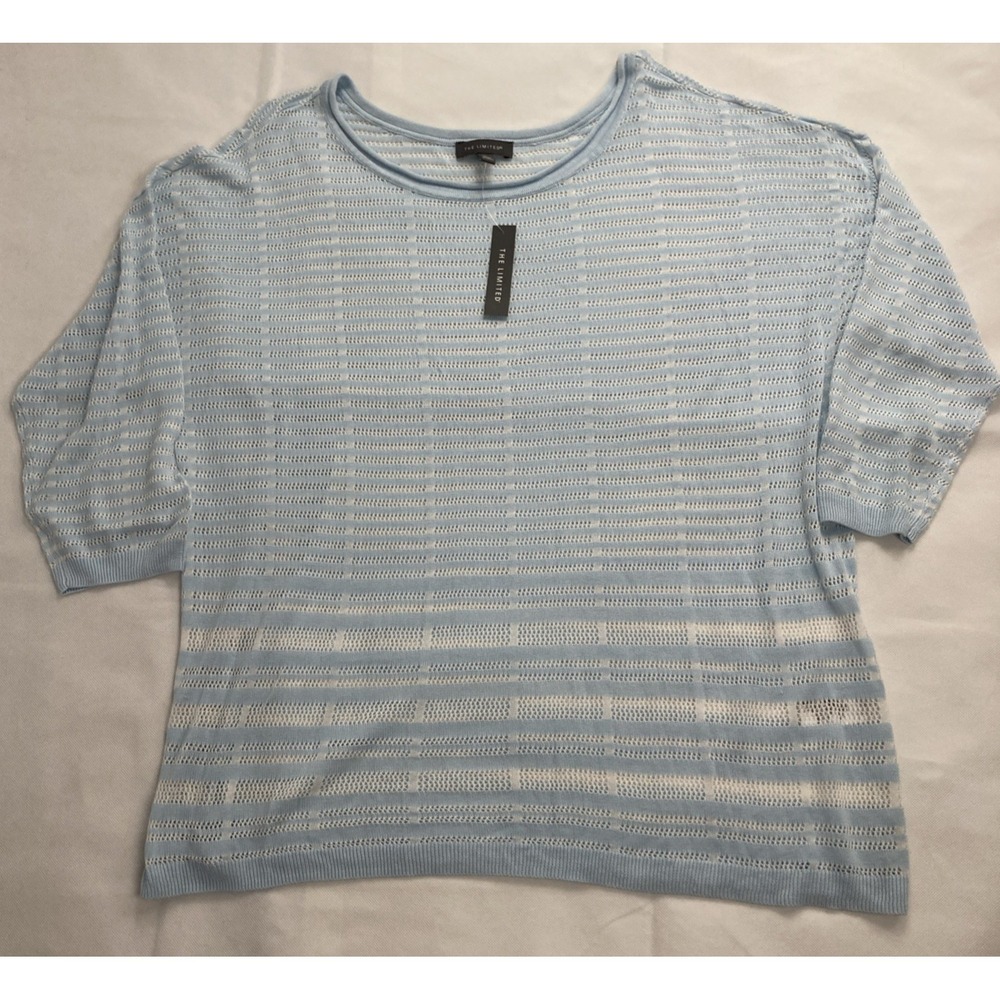 The Limited Women 1X Blue White Striped Open Knit Lightweight Sweater Scoop Neck